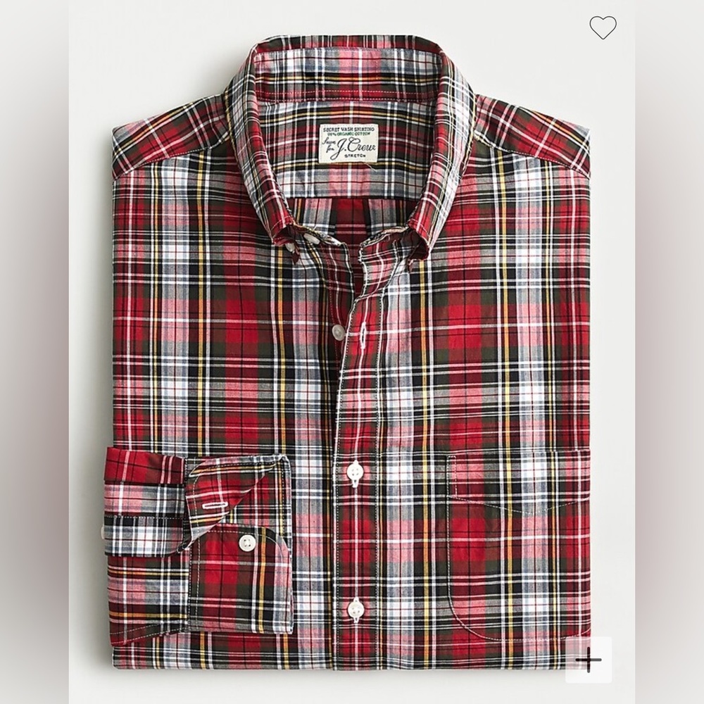 J. Crew Mens Stretch Secret Wash Chili Plaid Organic Cotton Classic Fit Medium